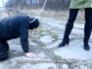 Walking the doggy in the cold - boots worship (femdom, footdom, boots licking, foot slave on leash)