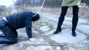 Walking the doggy in the cold - boots worship (femdom, footdom, boots licking, foot slave on leash)