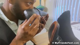 Hot shoe sniffing and feet licking worshipping in the office
