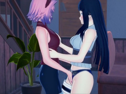 Sakura eating Hinata's pussy, trib until orgasm. Naruto lesbian hentai.