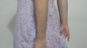 Crossdresser teases cock in pretty lace dress and cute panties