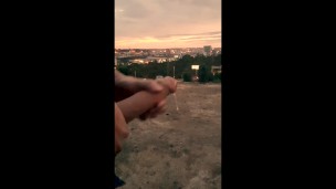 Huge cumshot outside with big dick