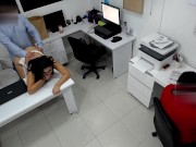 Girl boss fucks her coworker next to the assitent