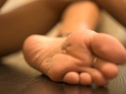 High arched feet & wrinkled soles close-up. Pee and pussy fart on the kitchen floor. 9/16