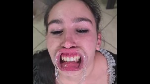 French maid tries to drink her own piss through lip retractor | funny fail