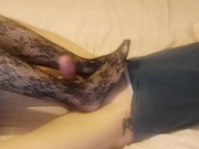 Late night femdom feet and handjob domination! Mistress milks slaves cock over her sexy nylon feet!! 5/16