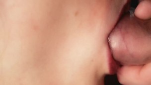 Close up fetish. Red lipstick in cum