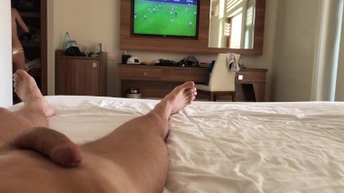 Watching Soccer match interrupted by passionate sex with tight blonde