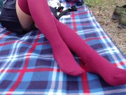 Schoolgirl show feet in knee socks and change dress nylon pantyhose 16/16