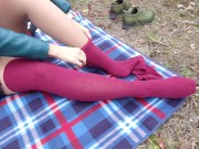 Schoolgirl show feet in knee socks and change dress nylon pantyhose