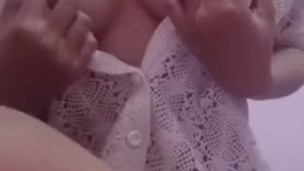 Sexy busty asian in white lace and collar tease