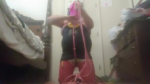 self bondage hogtie in lingerie 