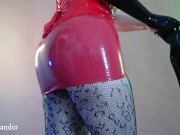 Nude Topless Curvy Girl In Red Fetish PVC Corset and Latex Skirt Wearing Rubber Gloves 14/16