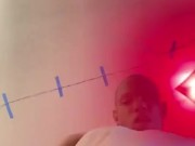 Creamy teen stroking on his gigantic dick