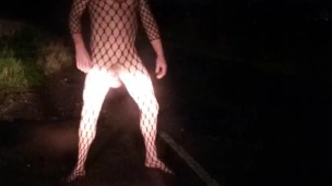 Fishnet bodysuit outside with passing car