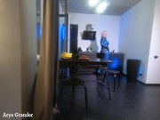 Latex rubber fetish curvy milf woman in blue texturized catsuit. Backstage from the photoshoot. 1/16