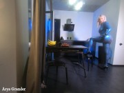 Latex rubber fetish curvy milf woman in blue texturized catsuit. Backstage from the photoshoot. 5/16