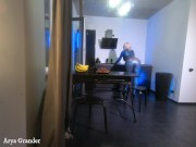 Latex rubber fetish curvy milf woman in blue texturized catsuit. Backstage from the photoshoot. 6/16