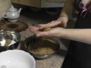 Naked kitch. Milf in transparent negligee without panties prepares dessert masturbating pussy orgasm