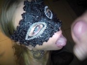 Dutch girl with needle pierced tits sucks cock and gets his cum in her eye 11/16