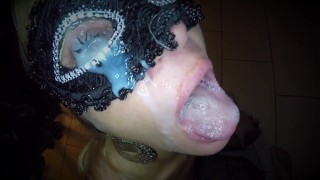 Dutch girl with needle pierced tits sucks cock and gets his cum in her eye