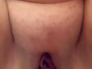 Fat belly slut rides dildo on mirror