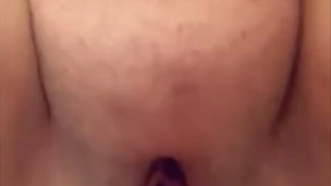 Fat belly slut rides dildo on mirror