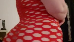 Chubby College Girl in Red Fishnet Dress Twerks and Flashes her Tits