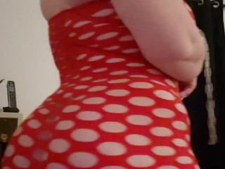 Chubby College Girl in Red Fishnet Dress Twerks and Flashes her Tits