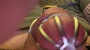 Caged sissy cumming with a vibrator 