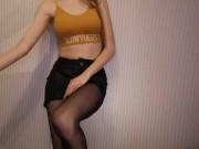 Skinny girl in boots and leather shorts moves sexually 6/16