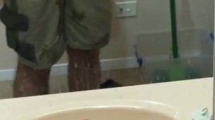 Tradie in hiviz shows his cock in the mirror