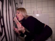 Hot blonde horny wife her first glory hole in a public toilet 15/16