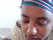 Ebony Teen giving sister's boyfriend head while sister at work lovely surprise facial  8/16