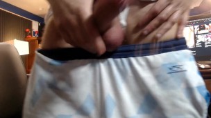 Hung Jock in Athletic Shorts Jacking Monster Cock and Cumming