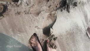 Girl Topless public on the Beach walking in deep wet sand. Angel Fowler 