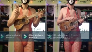 Curvy Femboy in Red Lingerie Plays the Ukulele