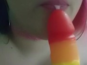 Topless bbw cam girl gives her dildo a blowjob