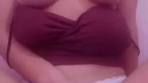 Naughty busty asian girl rubbing her pussy in panties