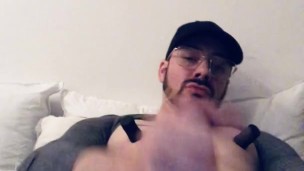 Jerking off my uncut cock with my nipple toys, cocking and cock vibrator