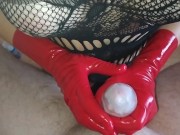 Handjob - Ruined fast 2 times in red latex gloves using tenga egg 12/16