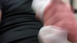 RISKY JERK OFF in a PUBLIC GYM wearing GAS MASK and USING someones DIRTY / SMELLY SOCKS for CUMSHOT