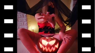 Sexy witch summoned demon in her teddy on Halloween and fucks with it till he cums in her mouth
