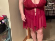 Trying on new red lingerie crotchless butthole bbw