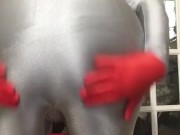 Yoga resistance wearing gray spandex, wig, and harness gag (so wet)
