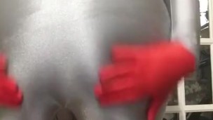 Yoga resistance wearing gray spandex, wig, and harness gag (so wet)