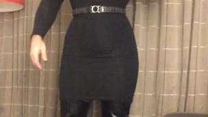 Eleanor's business trip (trans, crossdress, female mask. tight dress, pantyhose, high heels, mask)
