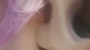 Cumming hands free from using a dildo while cross dressing