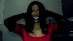 Forever Smiles Pt2! Masked smiling Jane feels her tight body with her leather gloves!