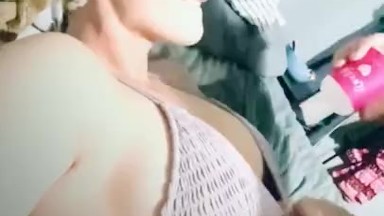 BeautifulBlondeBarbie laid down for a titty fuck so he could cum all over my face